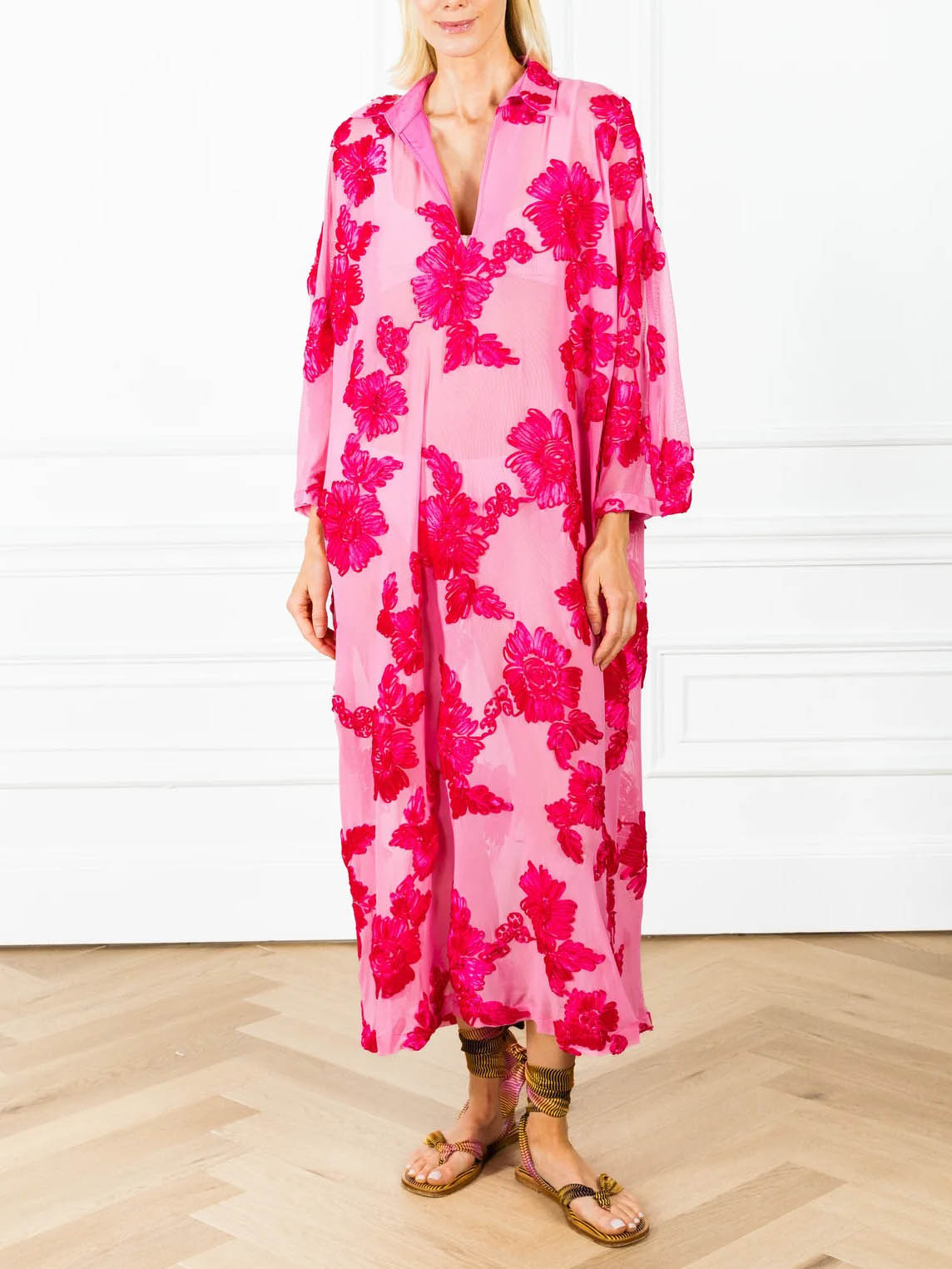 Floral Embroidered Loose V-Neck Sheer Kaftan Dress