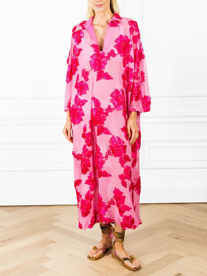 Floral Embroidered Loose V-Neck Sheer Kaftan Dress
