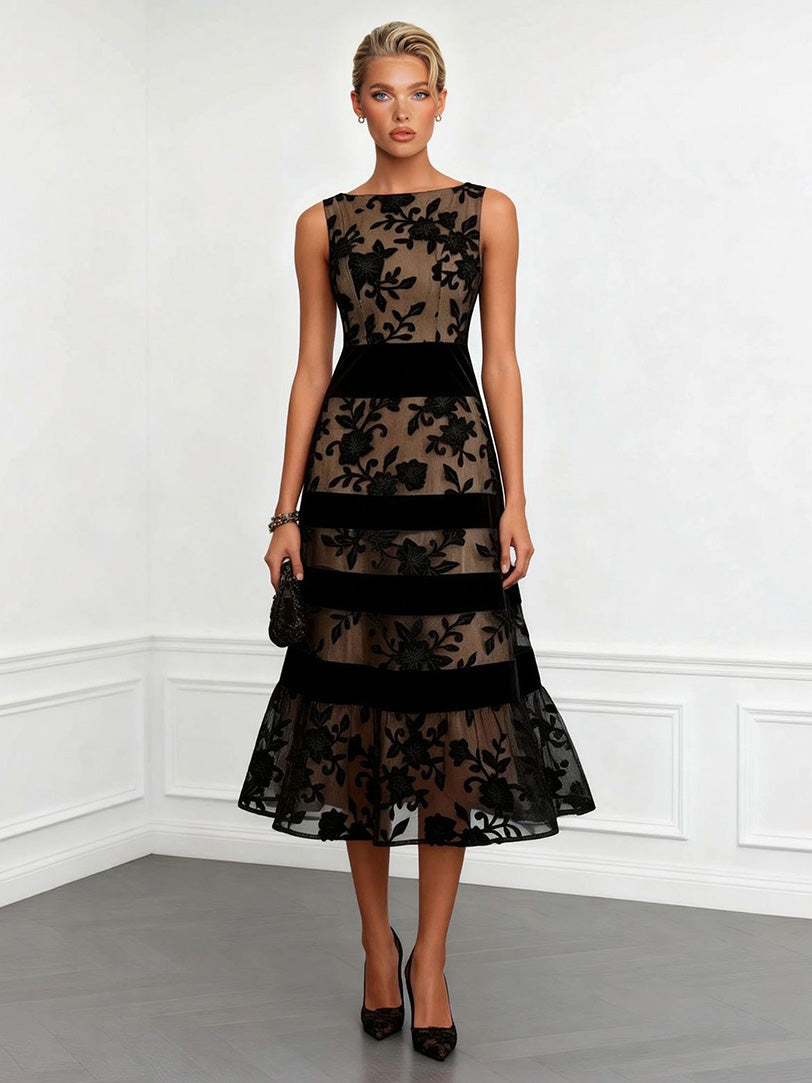 Elegant Flocked Floral Sheer Midi Dress