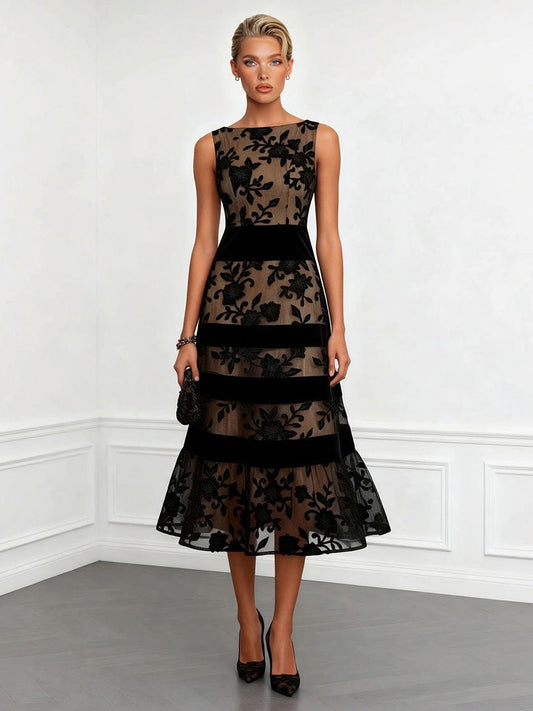 Elegant Flocked Floral Sheer Midi Dress