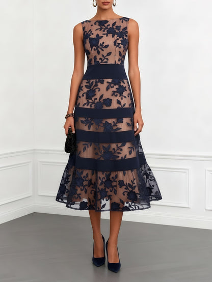 Elegant Flocked Floral Sheer Midi Dress
