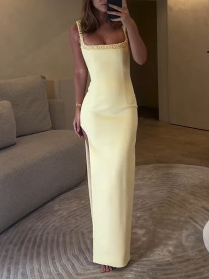 Elegant Square Neck High Slit Maxi Dress
