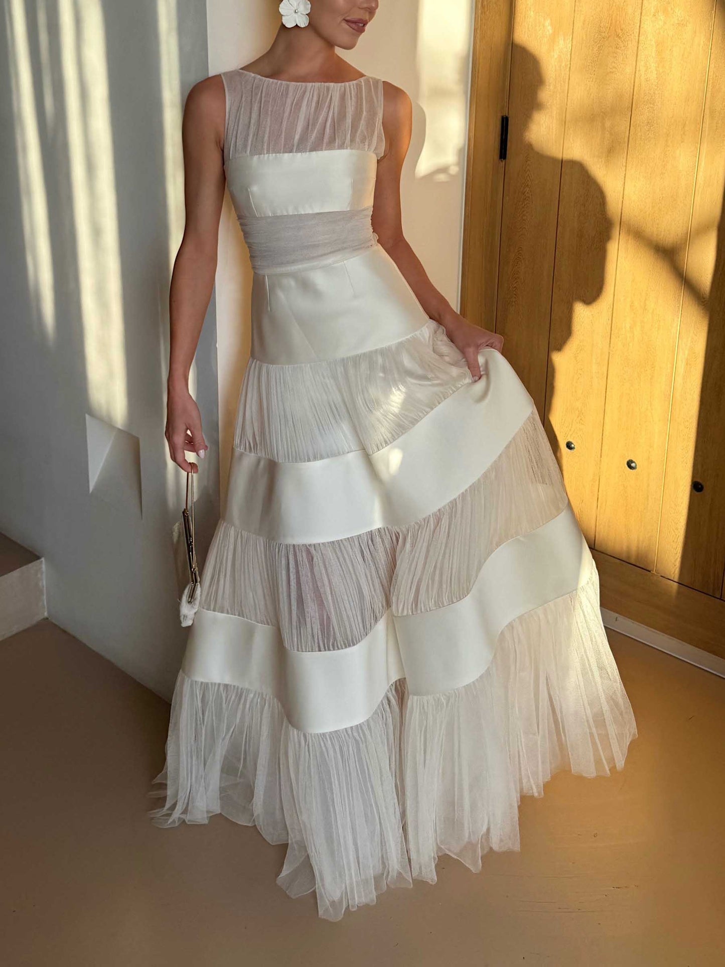 Elegant Sleeveless Layered Tulle Satin Pleated Maxi Dress