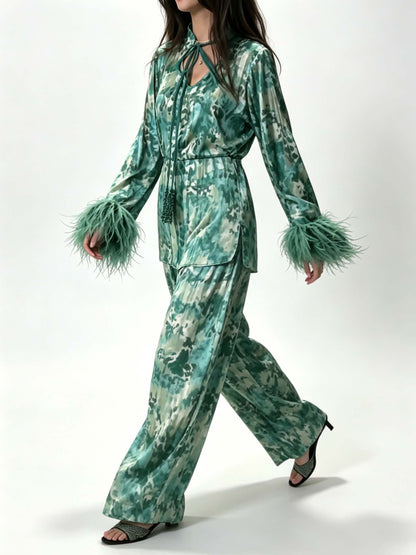 Exquisite Watercolor Print Feather Cuff Tie Shirt & Wide-Leg Pants Two-Piece Set