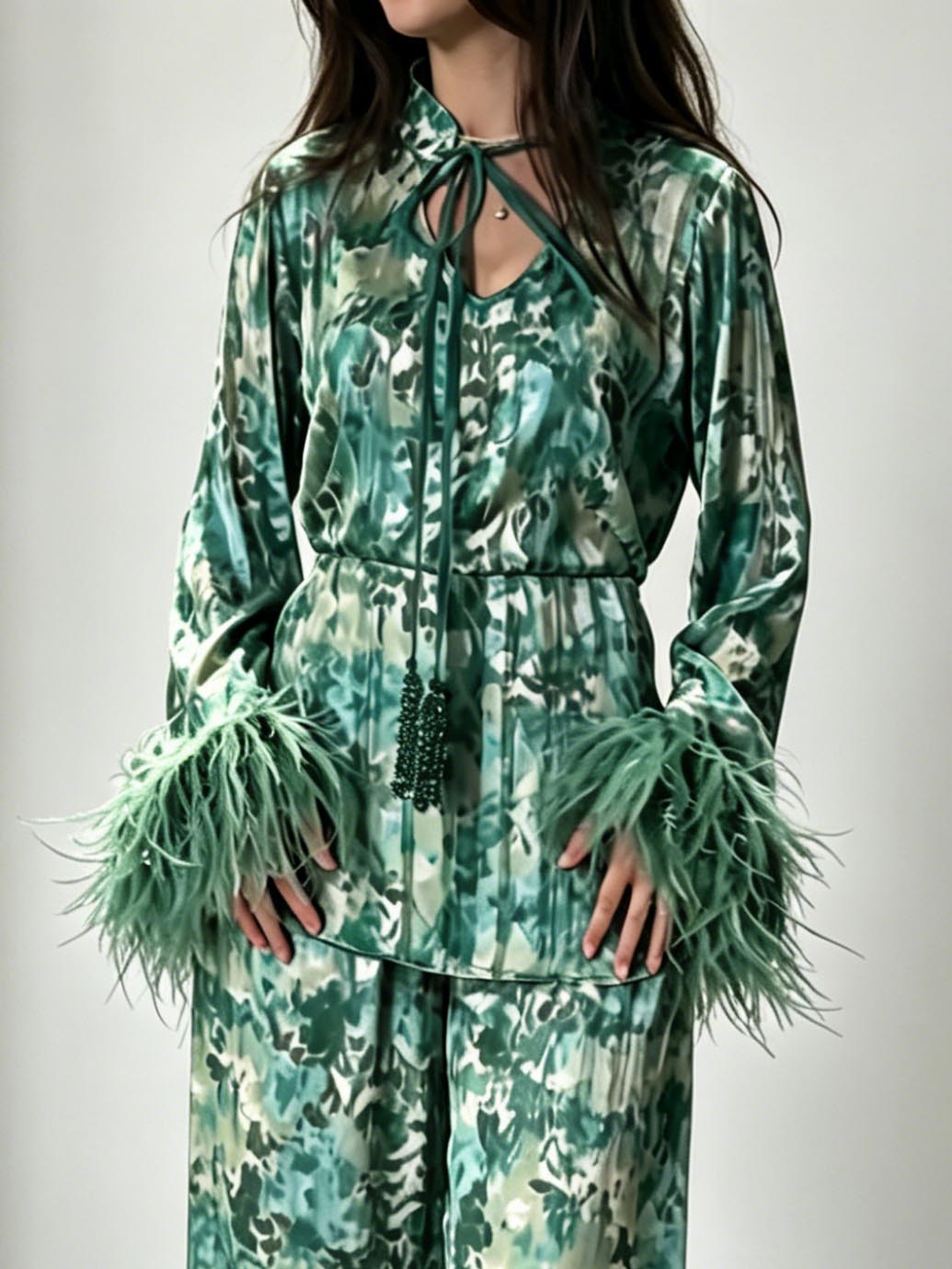 Exquisite Watercolor Print Feather Cuff Tie Shirt & Wide-Leg Pants Two-Piece Set