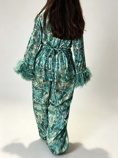 Exquisite Watercolor Print Feather Cuff Tie Shirt & Wide-Leg Pants Two-Piece Set