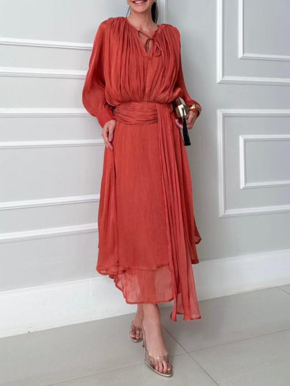 Asymmetrical Hem Long Sleeve Chiffon Midi Dress