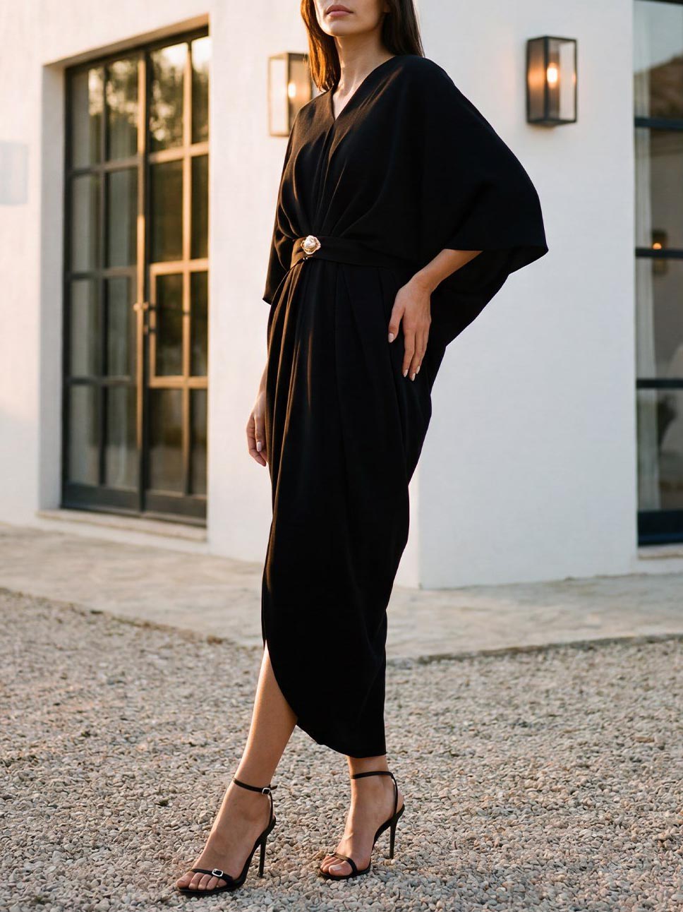 V-Neck Batwing-Sleeve Belted Midi Dress