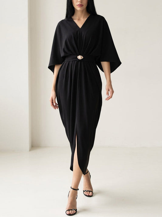 V-Neck Batwing-Sleeve Belted Midi Dress
