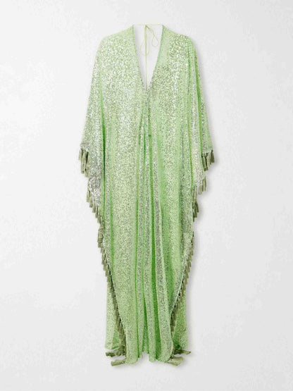 Sequin Deep V-Neck Fringe Kaftan Maxi Dress