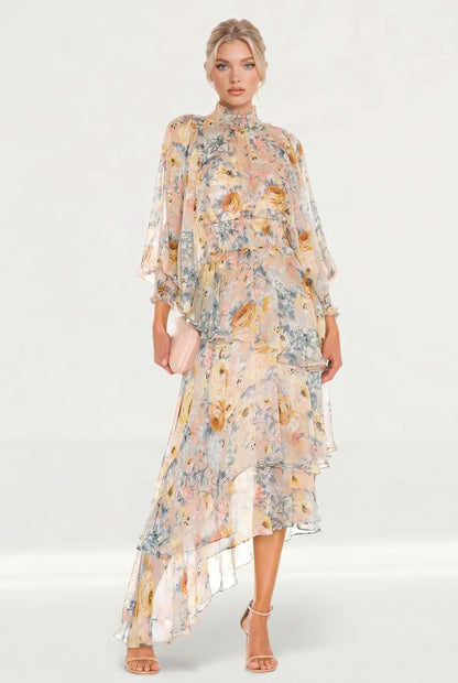 Irregular Hem Printed Chiffon Maxi Dress