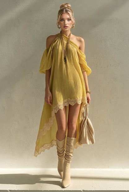 Slant-Shoulder Asymmetrical Hem Midi Dress