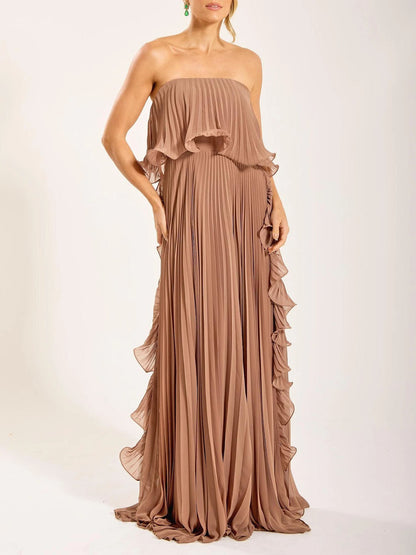 Elegant Strapless Pleated Ruffled Chiffon Maxi Dress