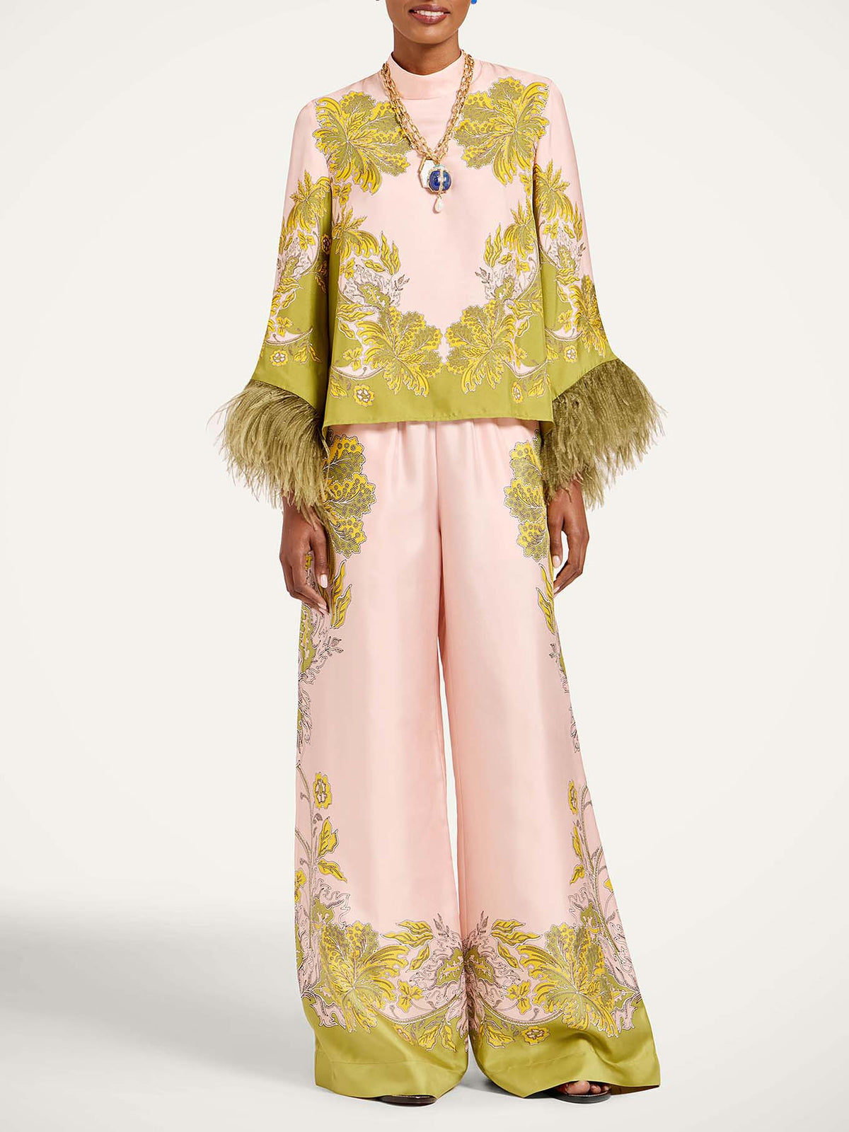 Exquisite Floral Feather Trim Crop Top & Wide Leg Pants Two-Piece Set