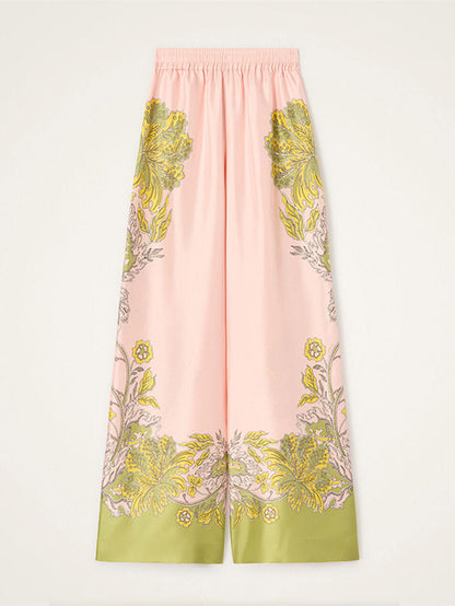 Exquisite Floral Feather Trim Crop Top & Wide Leg Pants Two-Piece Set
