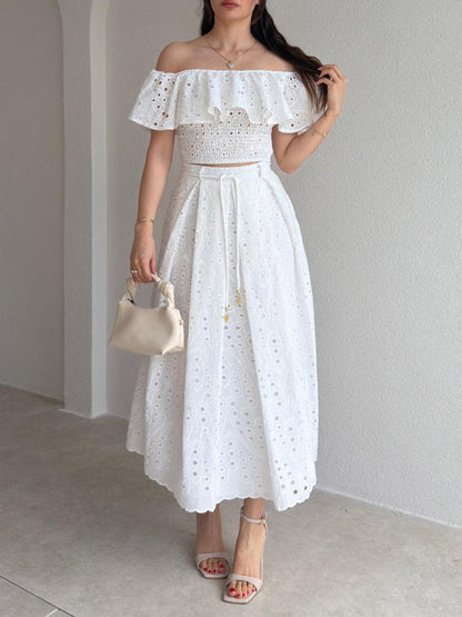 Exquisite Cutout Embroidered Off-Shoulder Ruffle Two-Piece Crop Set