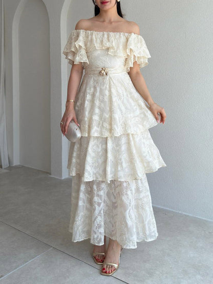 Exquisite Off-Shoulder Ruffle Belted Tiered Floral Lace Maxi Dress