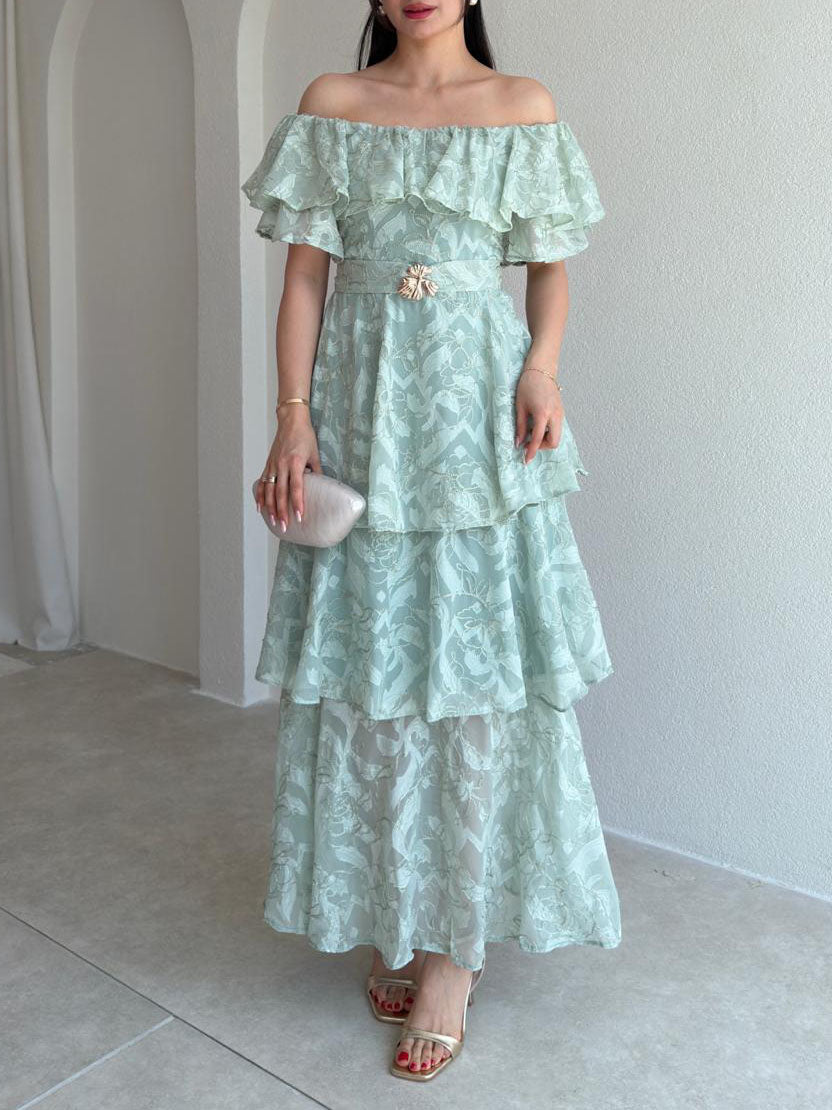 Exquisite Off-Shoulder Ruffle Belted Tiered Floral Lace Maxi Dress
