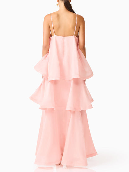 Elegant 3D Floral Applique Tiered Gown Maxi Dress