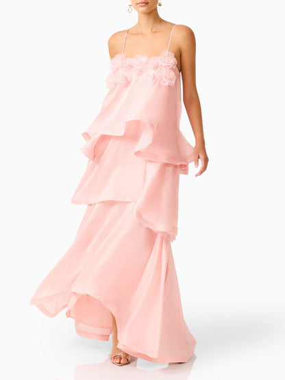 Elegant 3D Floral Applique Tiered Gown Maxi Dress