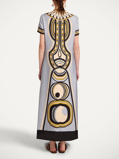 Retro Geometric Ethnic Print Short Sleeve Straight Maxi Dress