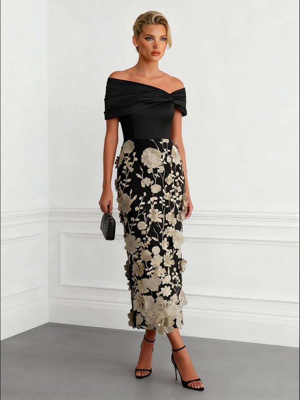 Elegant Floral Embroidered Off-Shoulder Maxi Dress