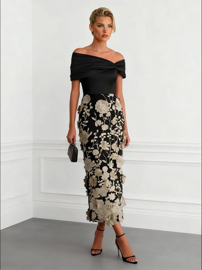 Elegant Floral Embroidered Off-Shoulder Maxi Dress