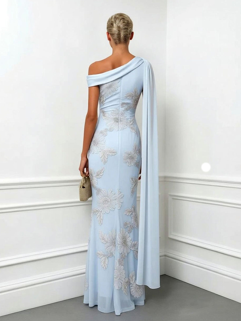 Elegant Floral Embroidered One-Shoulder Maxi Dress