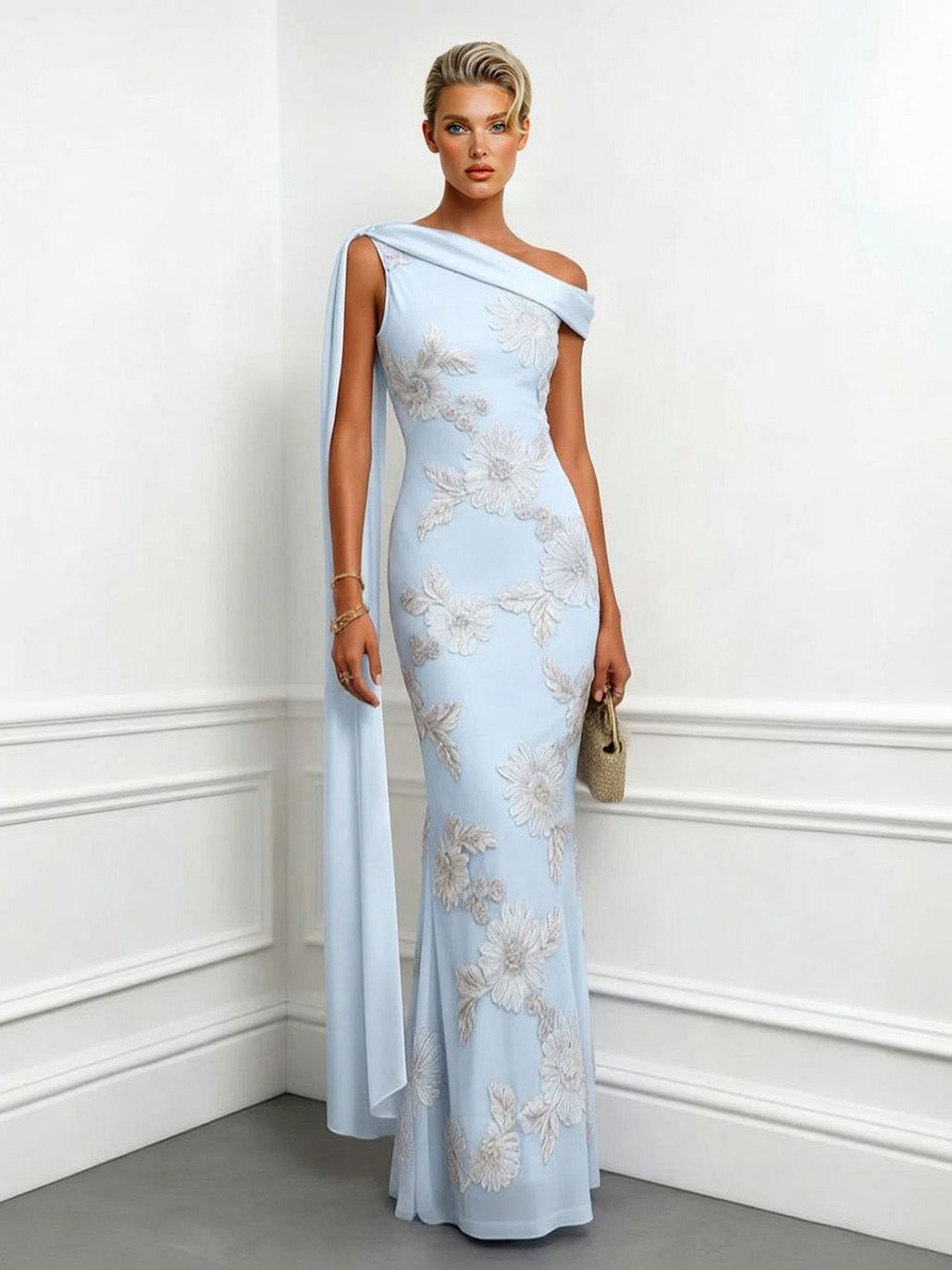 Elegant Floral Embroidered One-Shoulder Maxi Dress