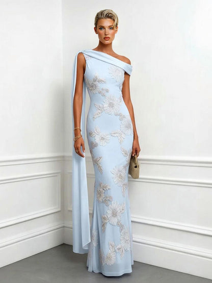 Elegant Floral Embroidered One-Shoulder Maxi Dress