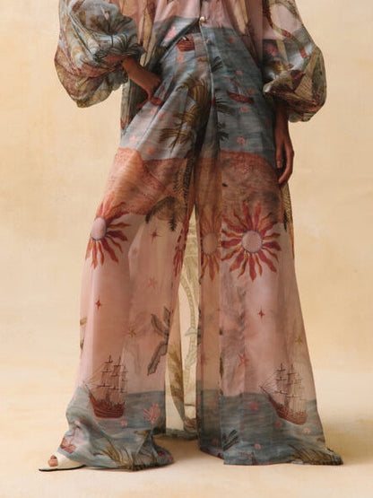 Retro Tropical Ship Print Sheer Chiffon Blouse