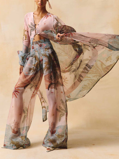 Retro Tropical Ship Print Sheer Chiffon Blouse