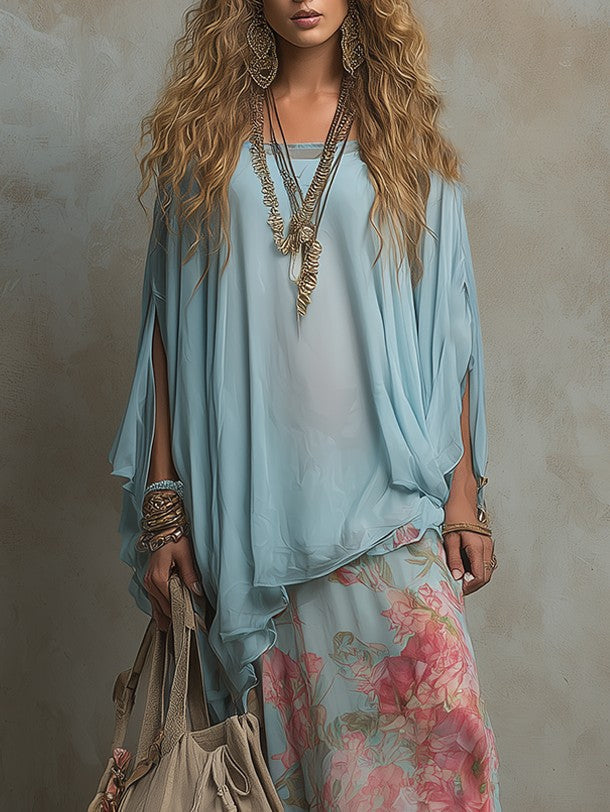 Boho Floral Print Flowy Chiffon Two-Piece Set
