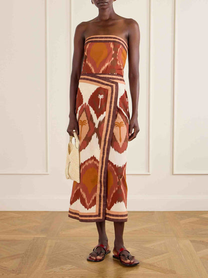 Retro Geometric Ikat Palm Tree Print Midi Dress