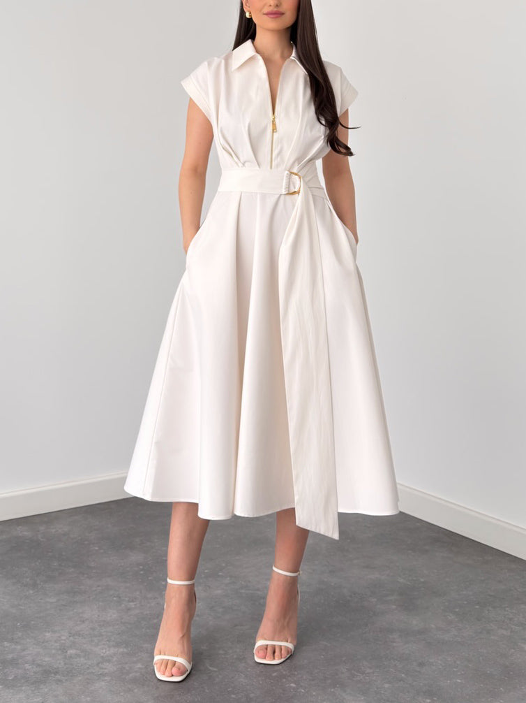 Elegant Cream White Shirt Style Midi Dress
