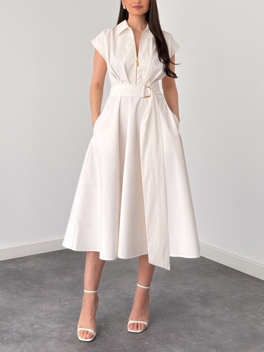 Elegant Cream White Shirt Style Midi Dress