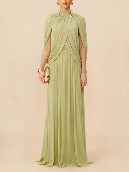 High Neck Pleated Cape Formal Maxi Dress