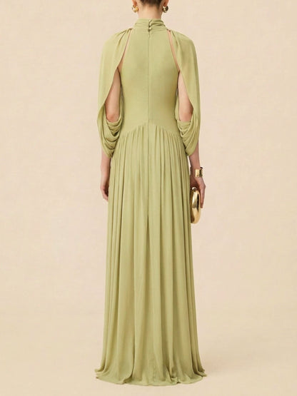 High Neck Pleated Cape Formal Maxi Dress