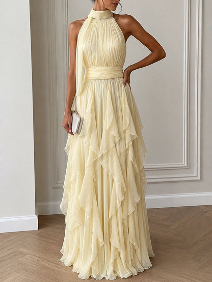 Elegant Backless Ruched Tiered Ruffle Maxi Dress