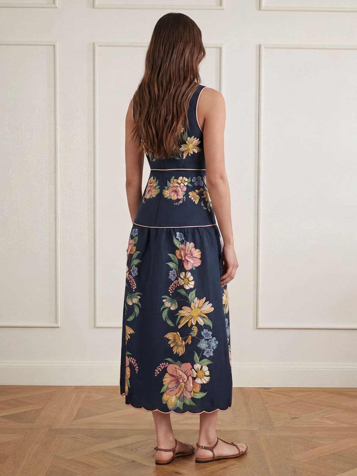 Exquisite Sleeveless V-Neck Floral Print Midi Dress