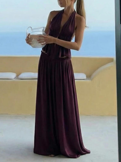 Sexy Ruched Waist Cutout Satin Two-Piece Set