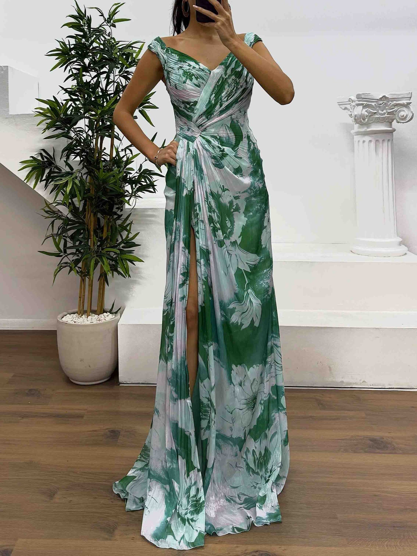 Elegant Watercolor Floral Ruched High Slit Maxi Dress