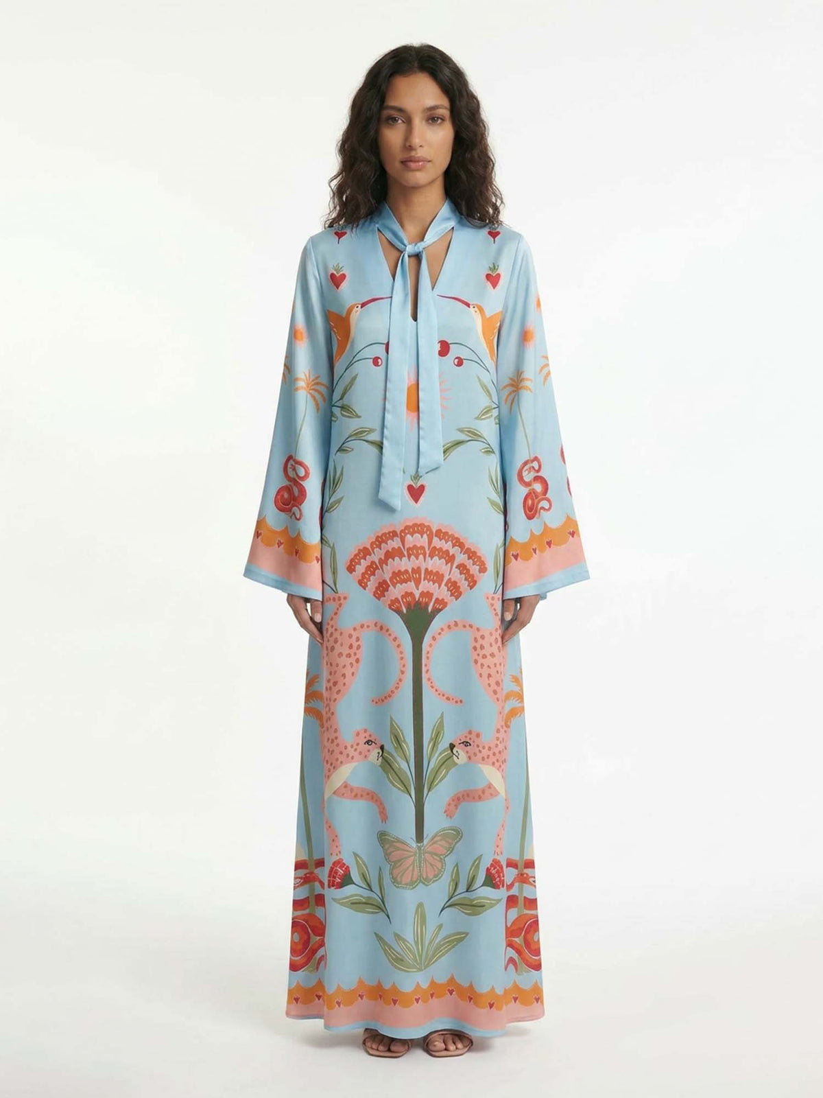 Azure Dream Printed Tie Neck Maxi Dress