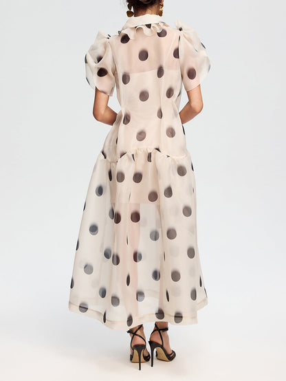Elegant Polka Dot Organza Puff Sleeve Midi Dress