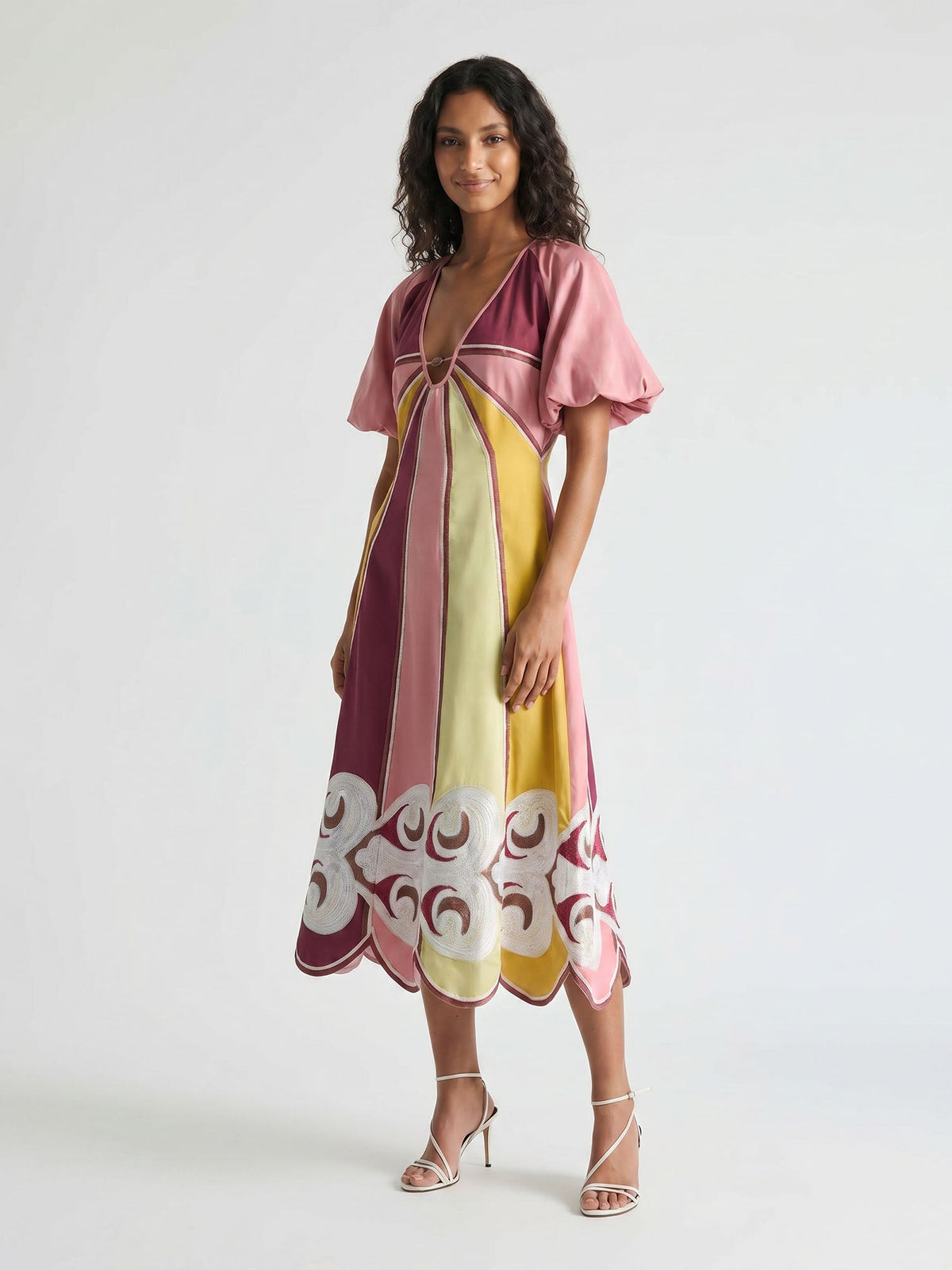 Colorful Panel Puff Sleeve Midi Dress