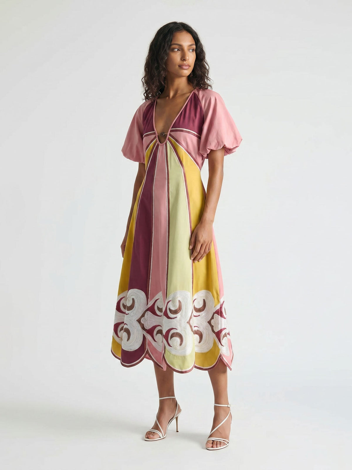 Colorful Panel Puff Sleeve Midi Dress