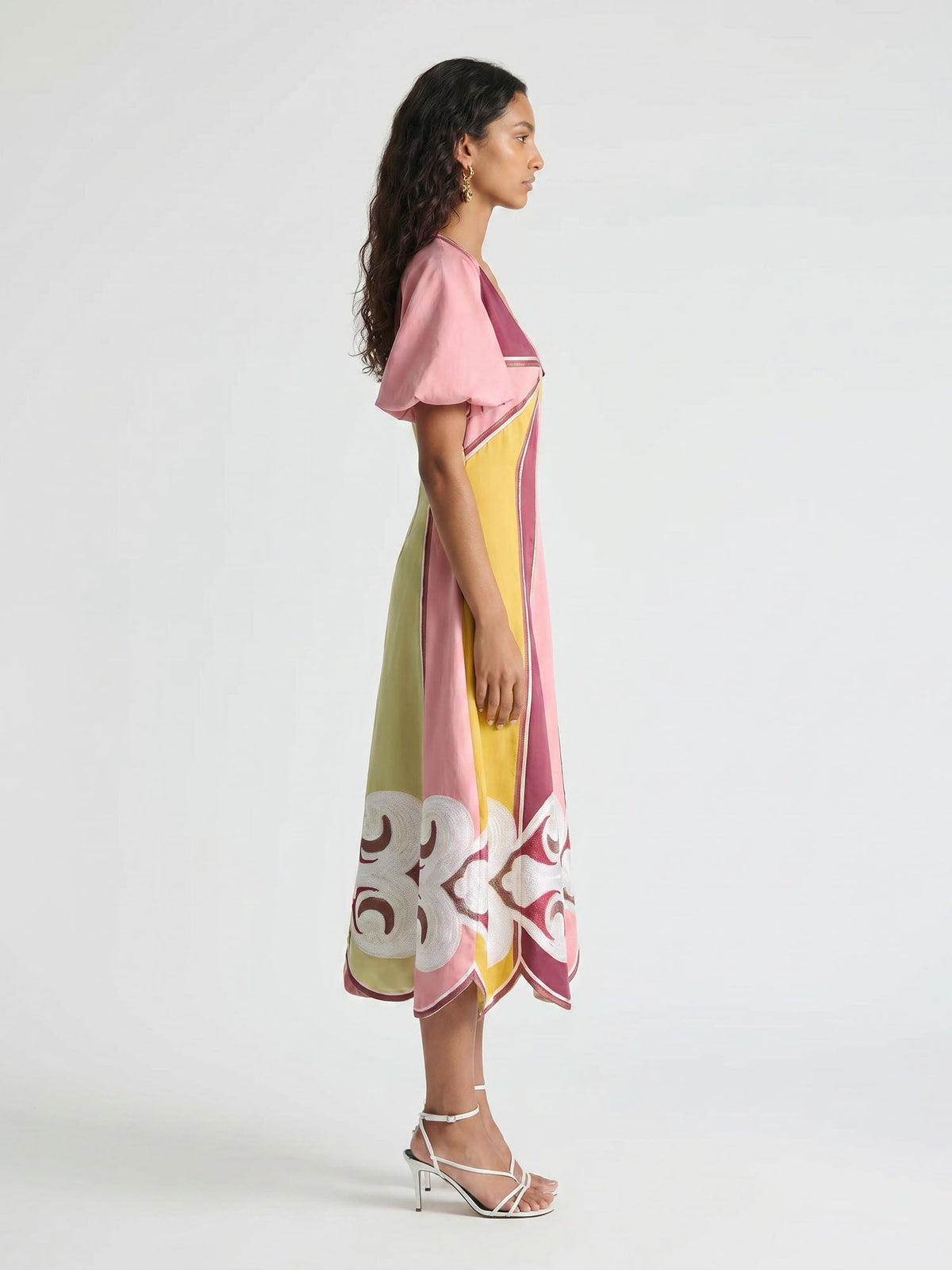 Colorful Panel Puff Sleeve Midi Dress