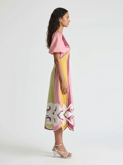 Colorful Panel Puff Sleeve Midi Dress