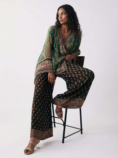 Vintage Green Paisley Print Veil Pants