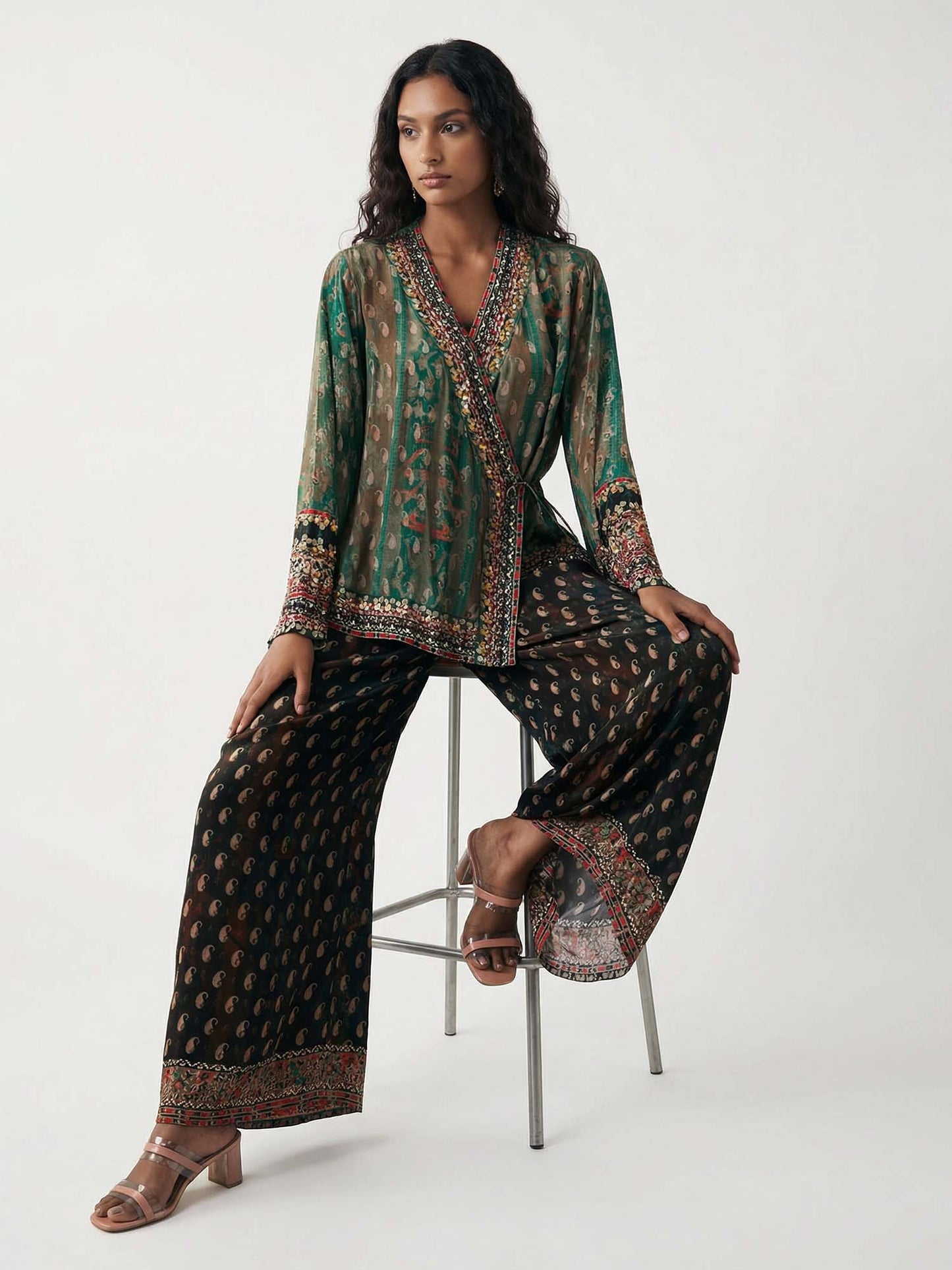 Vintage Green Paisley Print Tie-Waist Shirt